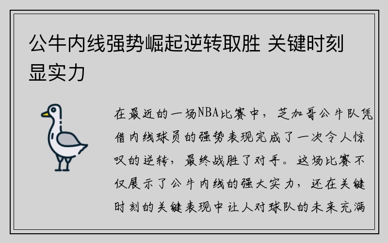 公牛内线强势崛起逆转取胜 关键时刻显实力