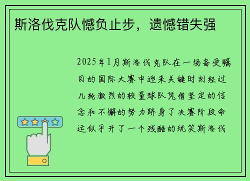 斯洛伐克队憾负止步，遗憾错失强