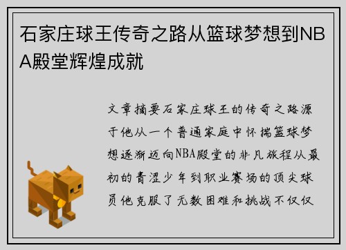 石家庄球王传奇之路从篮球梦想到NBA殿堂辉煌成就