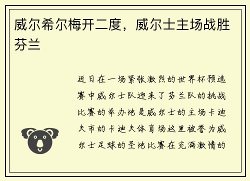 威尔希尔梅开二度，威尔士主场战胜芬兰