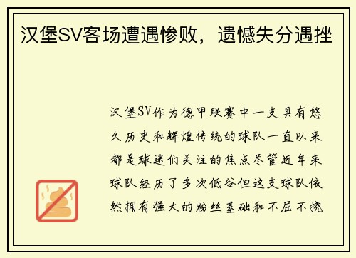 汉堡SV客场遭遇惨败，遗憾失分遇挫
