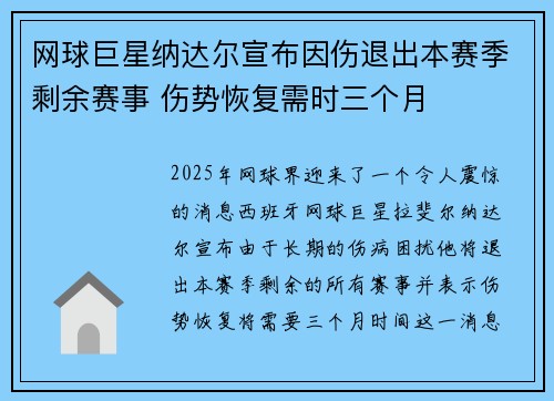 网球巨星纳达尔宣布因伤退出本赛季剩余赛事 伤势恢复需时三个月