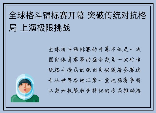 全球格斗锦标赛开幕 突破传统对抗格局 上演极限挑战