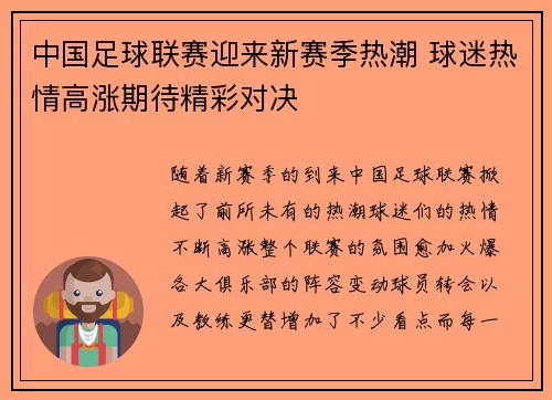 中国足球联赛迎来新赛季热潮 球迷热情高涨期待精彩对决