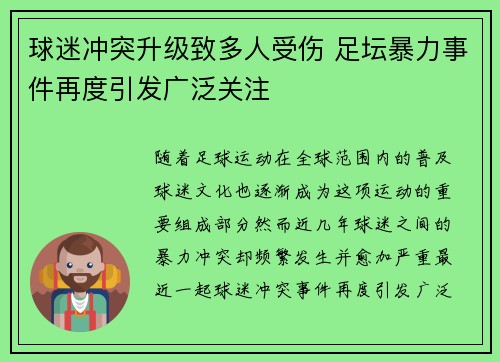 球迷冲突升级致多人受伤 足坛暴力事件再度引发广泛关注